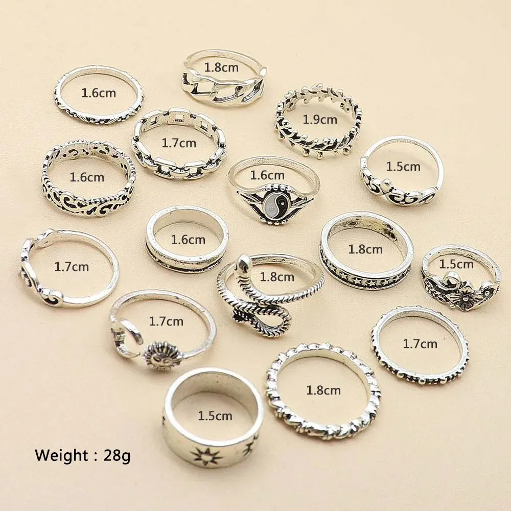 Retro Bagua Sun Moon Snake Leaf Flower Joint Ring Set 16Pcs/set