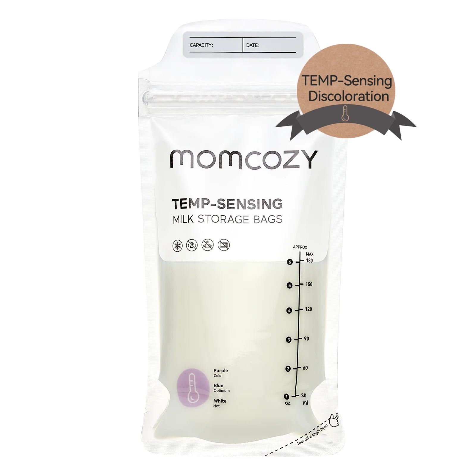 Momcozy Disposable Breastmilk Storing Bags, Temp-Sensing Discoloration, 6 Ounce Self Standing,No-Leak Milk Freezer Storage Pouch