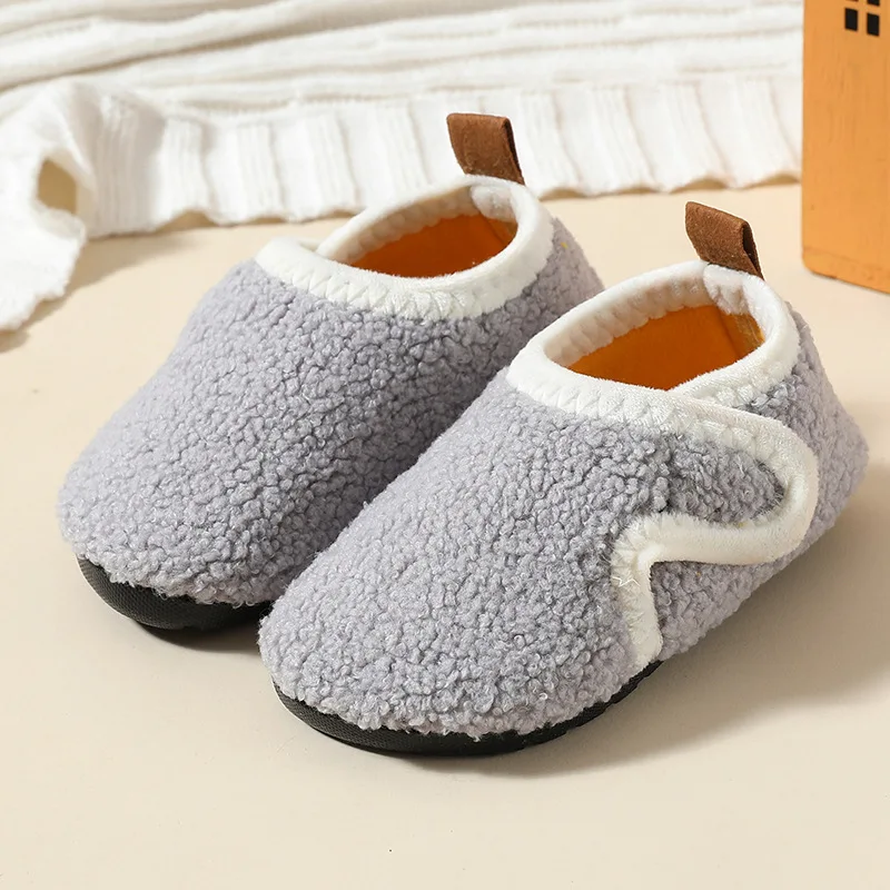 Children Cotton Slippers Solid Warm Kids Winter Home Shoes Boys Girls Plush Floor Shoes Indoor Soft Sole Anti-slip Cotton Shoes