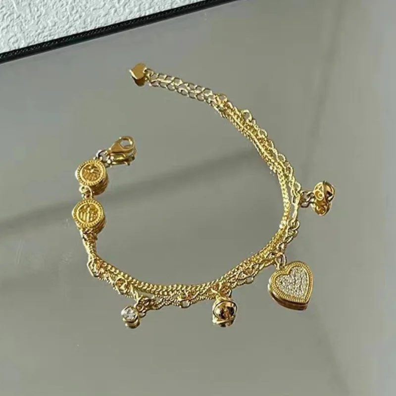 Double Layer Chain Gold Color Love Heart Zircon Pendants Bracelet  Charm Vintage Valentine's Day Jewelry Gifts for Women Lovers