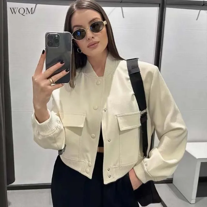 

KLKXMYT TRAF 2023 Women's Bomber Jacket Fashion With Pockets Autumn Jackets Coat Long Sleeve Casual New In Outerwears Chic Tops