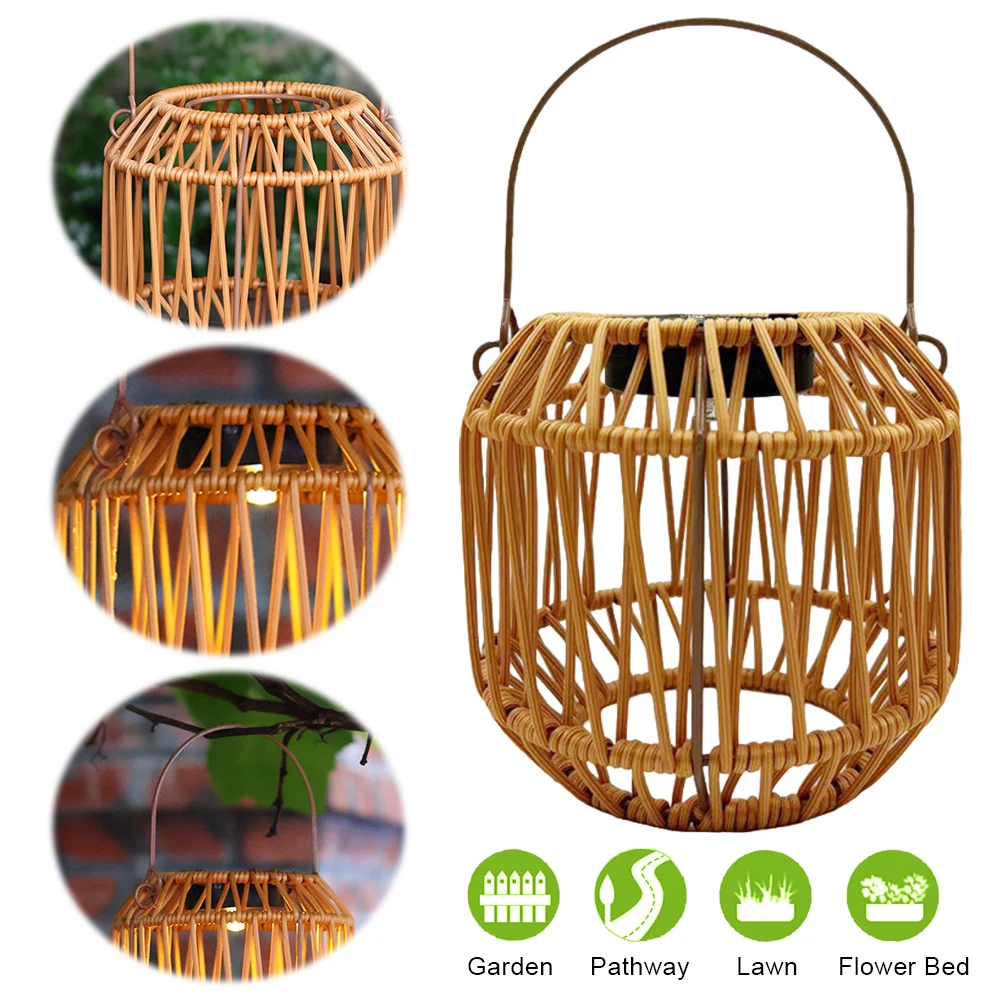 Solar Powered Rattan Weaving Chandelier Waterproof Hollow Out Suspension Light Hand Knitted Rattan Chandelier for Home Decor