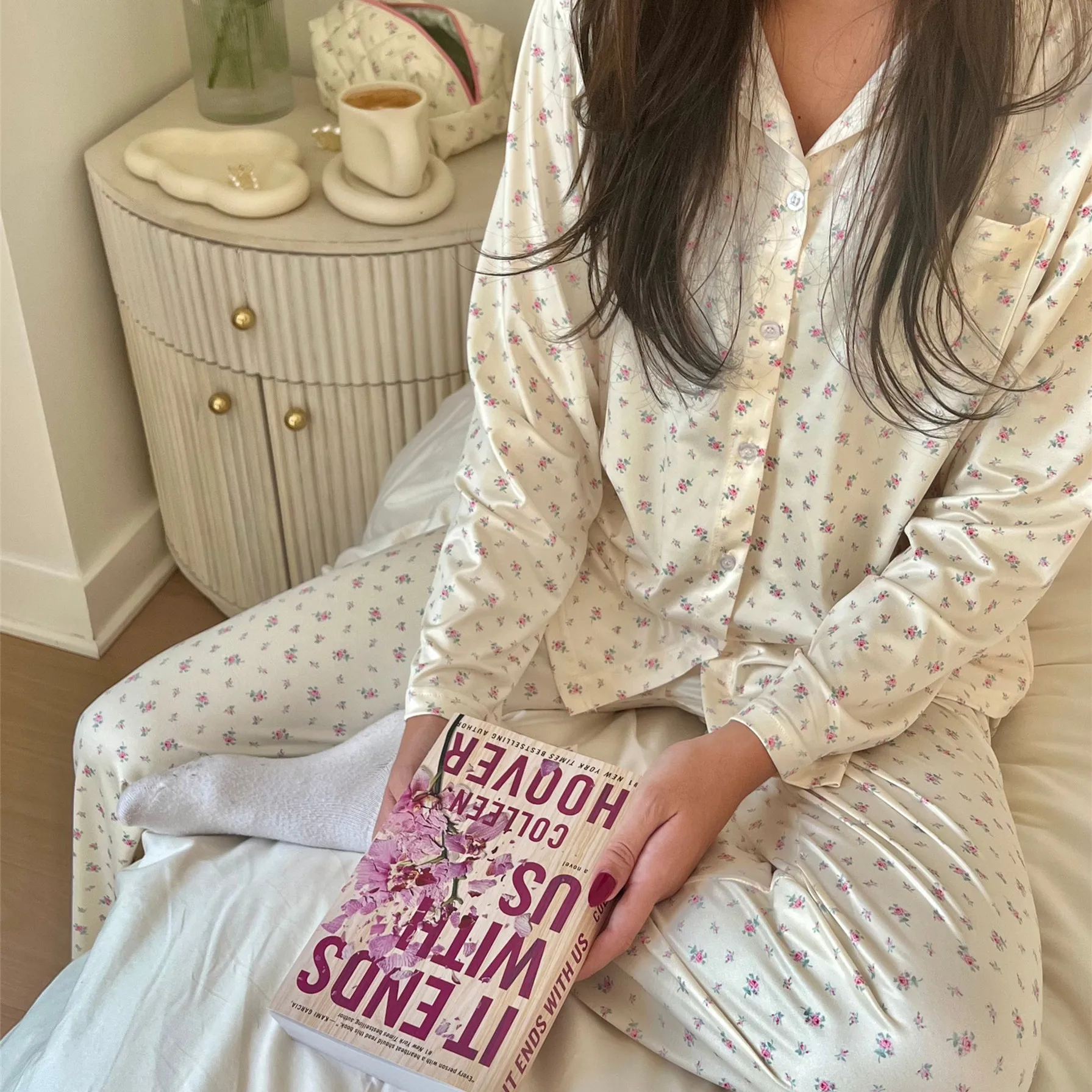 【I AM MARI】Myuteurin Toile Flower Pajama Set Imcute Floral Pajamas for Women Set Long Sleeve Button Down