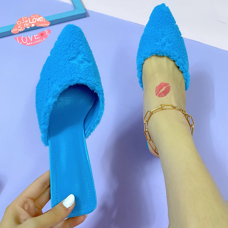 Spring Autumn Warm Short Plush Stiletto Women Slippers Pointed High Heels Fashion Soft Slip On Slides Shoes For Women Flip Flops