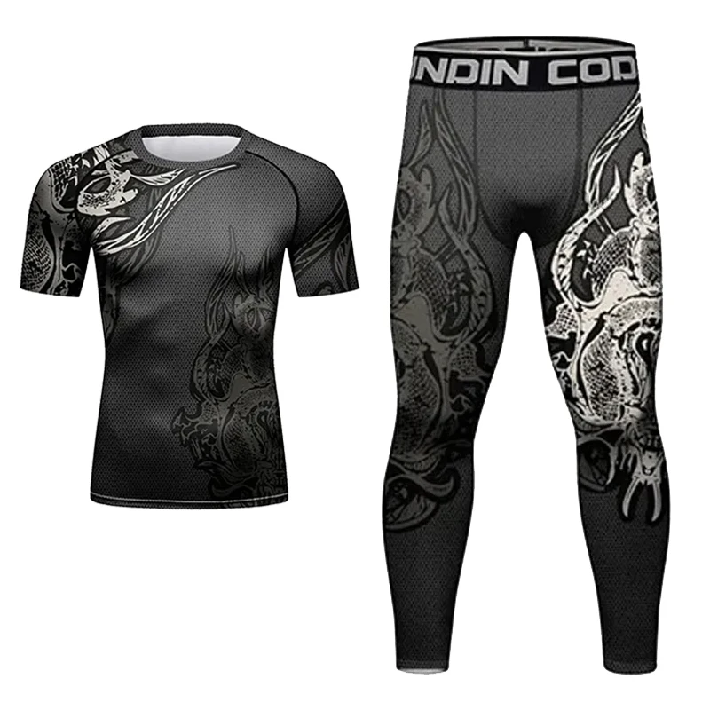 Boxing Men MMA Compression Fight Training Rash Guard T-shirt+Pants Set Bjj Gi Sports Kickboxing Jiu Jitsu Rashguard Tight Shorts sports apparel mens t shirt