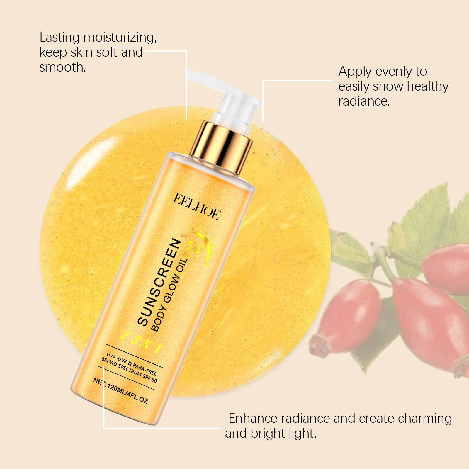 EELHOE 2 In1 Sunscreen Spf 50 Body Oil for Glowing Skin Protection Prevent Uvb Oil Control High Gloss Golden Body Shimmer