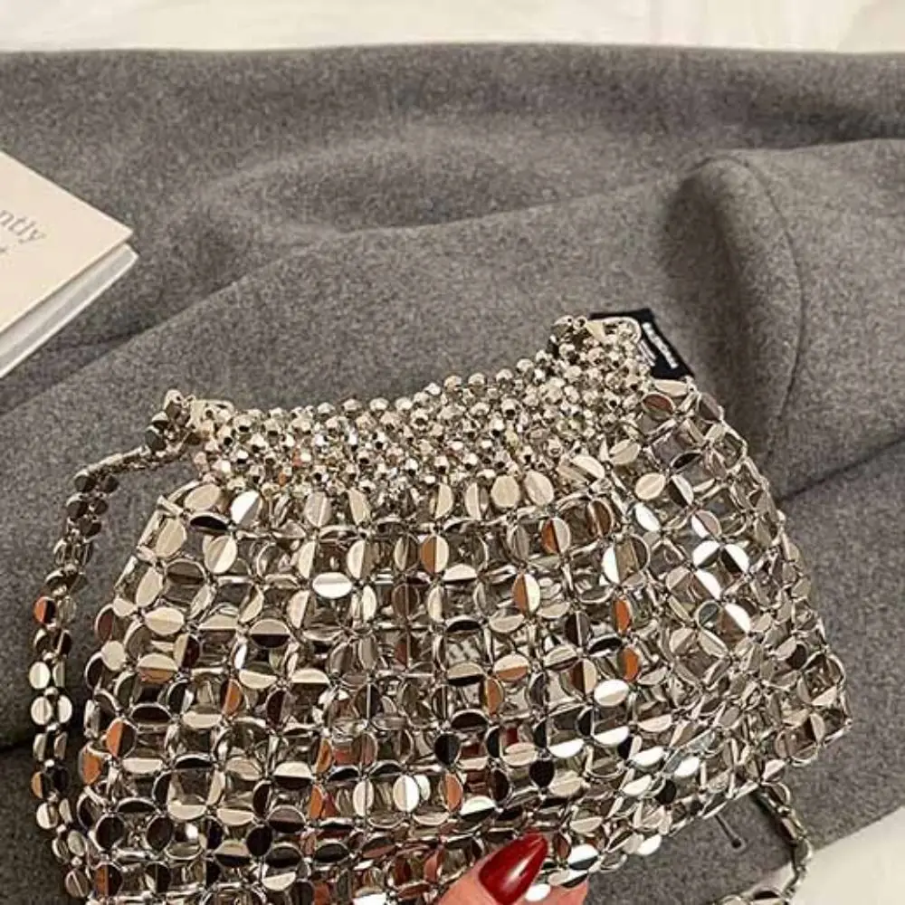 Elegante Borsa da Sera con Paillettes, Mini Borsa Sottospalla, Borsa a Tracolla Intrecciata con Perline, Borsetta Piccola Raffinata, Borsa Argento Lucida per Feste - immagine 2