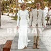 Elegant Mermaid Wedding Dresses Long Sleeve O-Neck Open Back Simple Button Satin Bridal Gown Train Vestidos De Noiva Customized 6