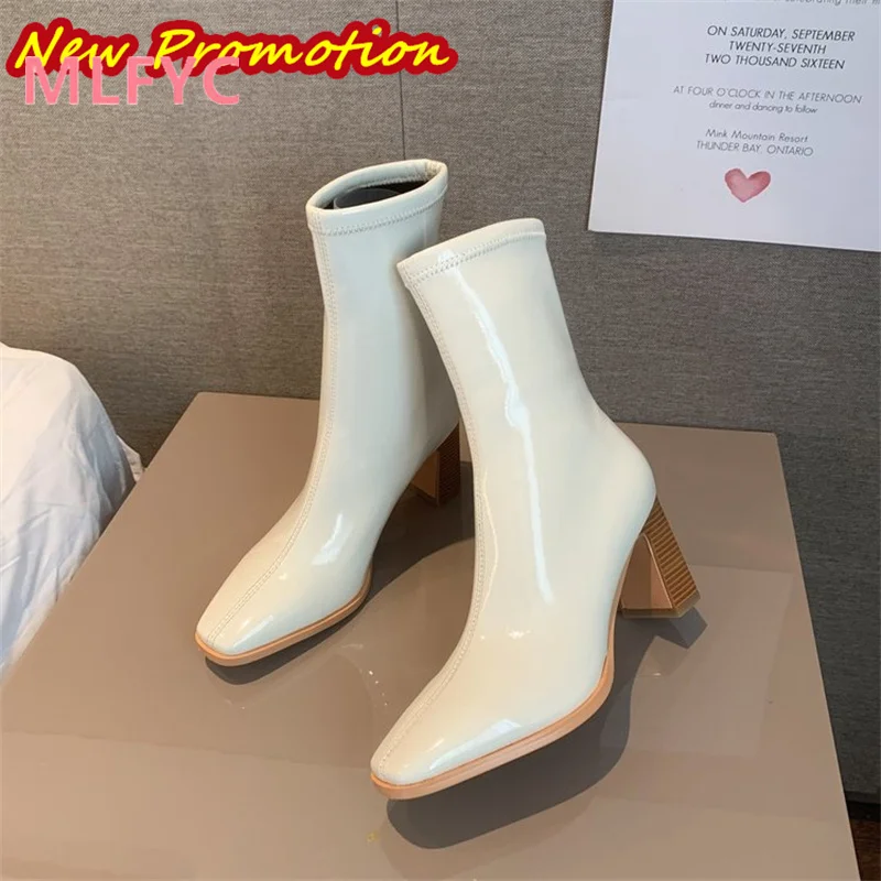 Women's Autumn and Winter Korean Fashion Short Boots Women's Square Head High Heel Fashion Boots High Top Sleeve Daily Boots