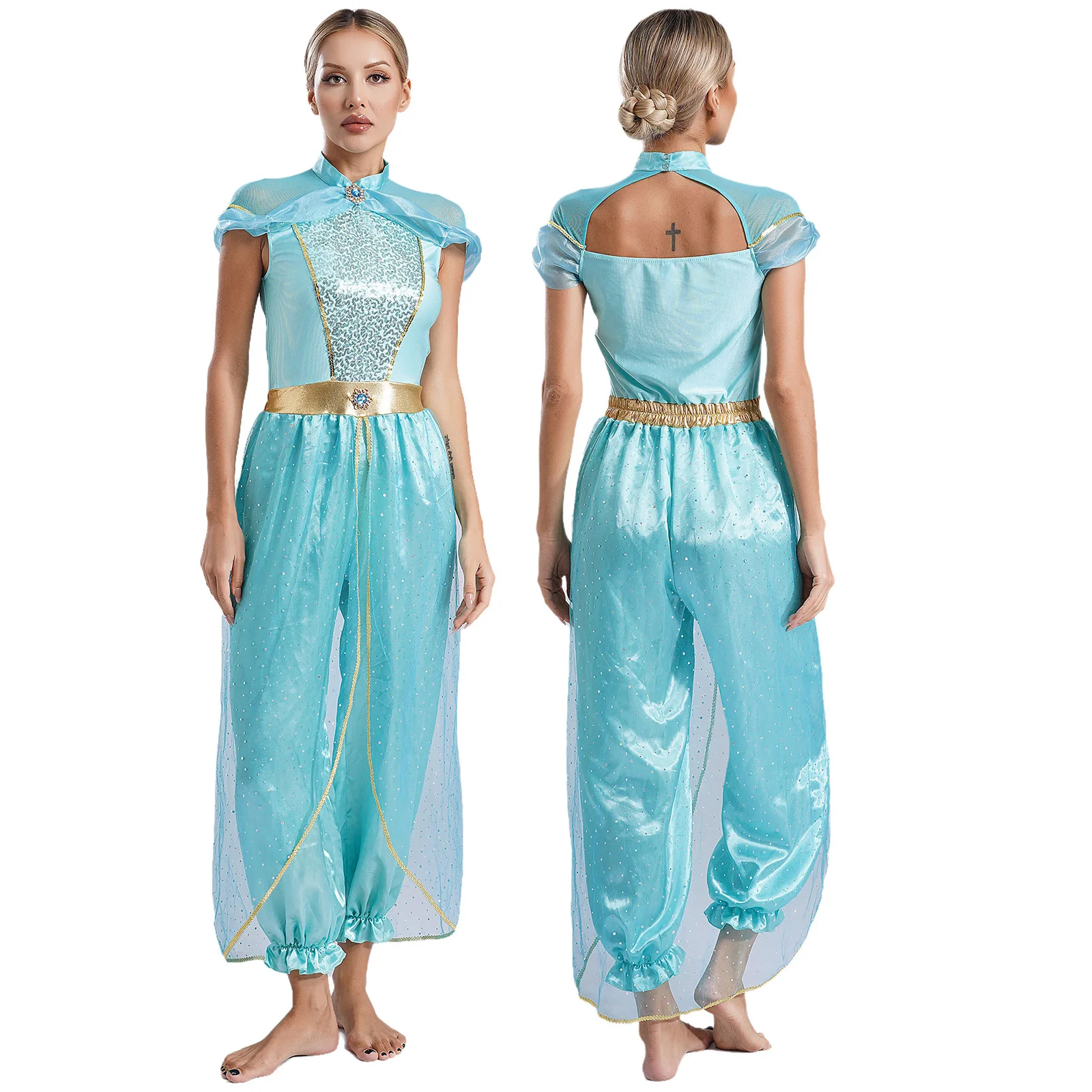 thumbnail image 1 of Mono de Bollywood con lentejuelas para mujer, trajes de Cosplay de princesa árabe de Halloween, peleles, disfraz de danza del vientre adornado con gemas, 1 of 5