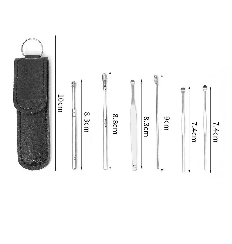 6Pcs Stainless Steel Ear Digging Spoon Leather Cover Cleaner Scoop Double-Headed Spiral Cleaning Health Care Ear Picking Tool 3