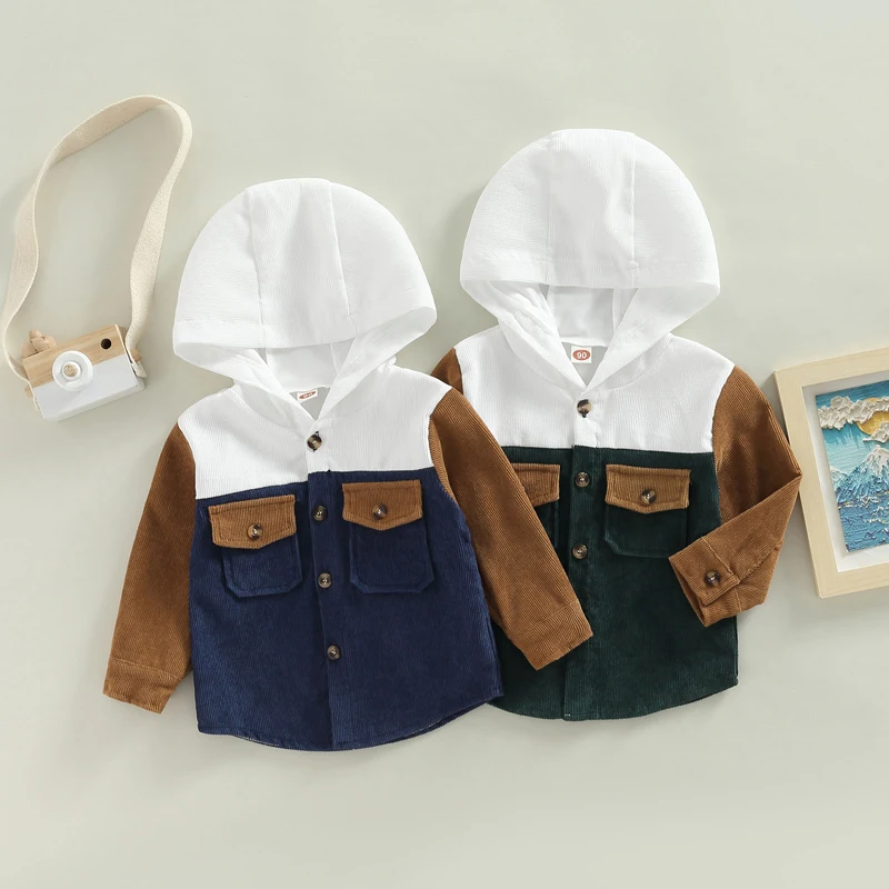 FOCUSNORM 1-6Y Fashion Autumn Casual Kids Boys Jacket 2 Colors Patchwork Long Sleeve Hooded Single Breasted Coats