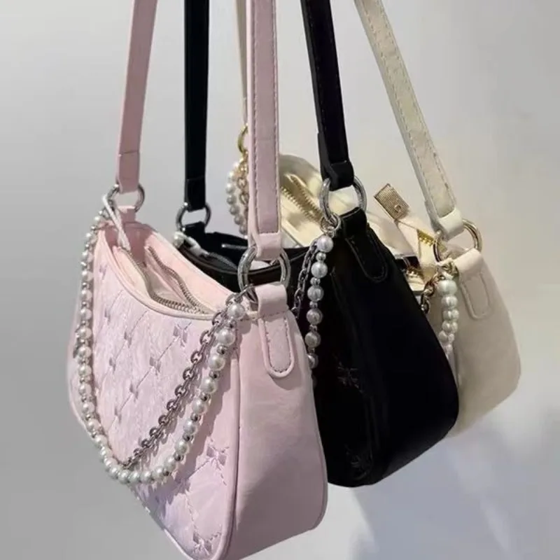 Pink Womens Shoulder Bag Elegant Cute Bow Pearl Chains Bow Embroidery Handbag Casual Leather Korean Fashion Female Handbag