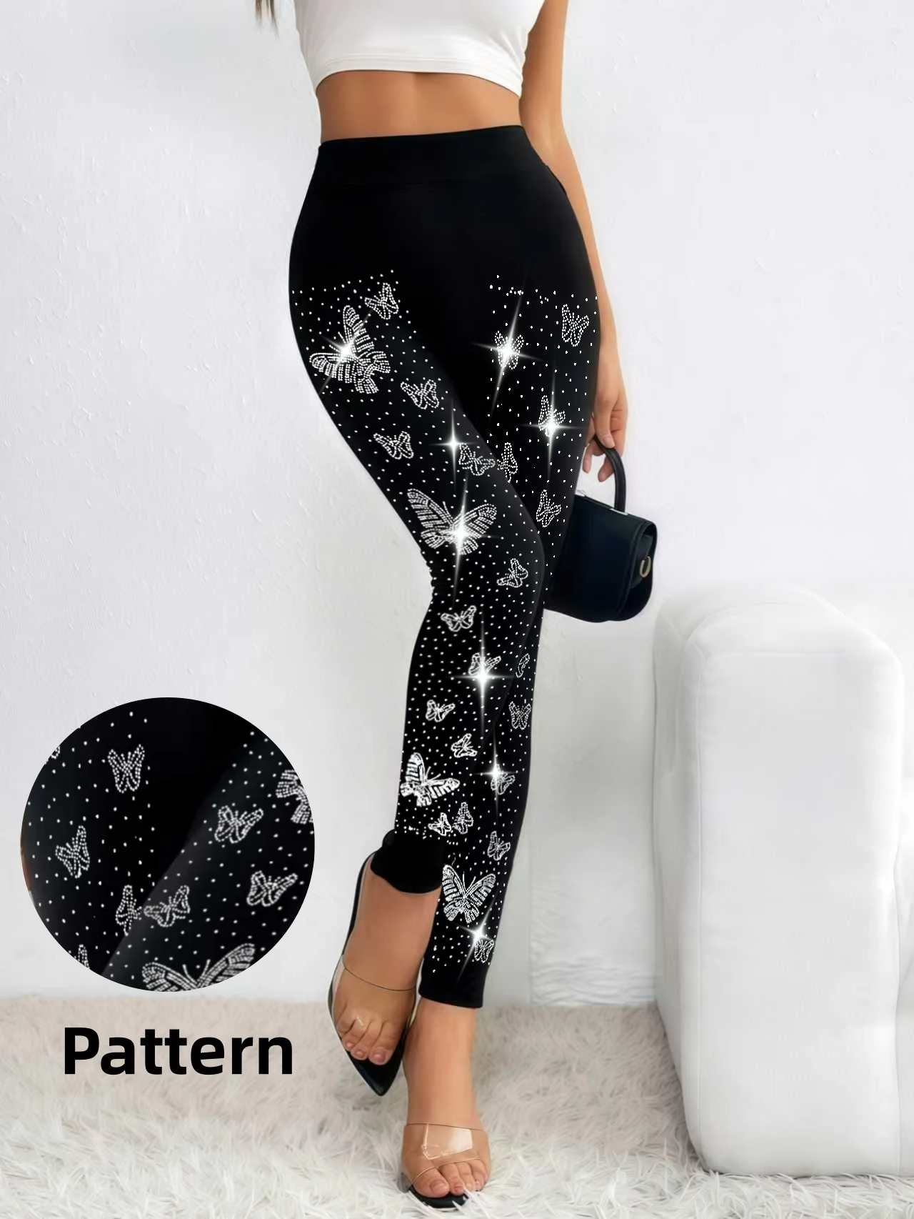 Women's High Waisted Rhinestone Butterfly Leggings Sparkly Crystal Bling Embellished Yoga Pants Sexy Slim Fit Tights Black 1