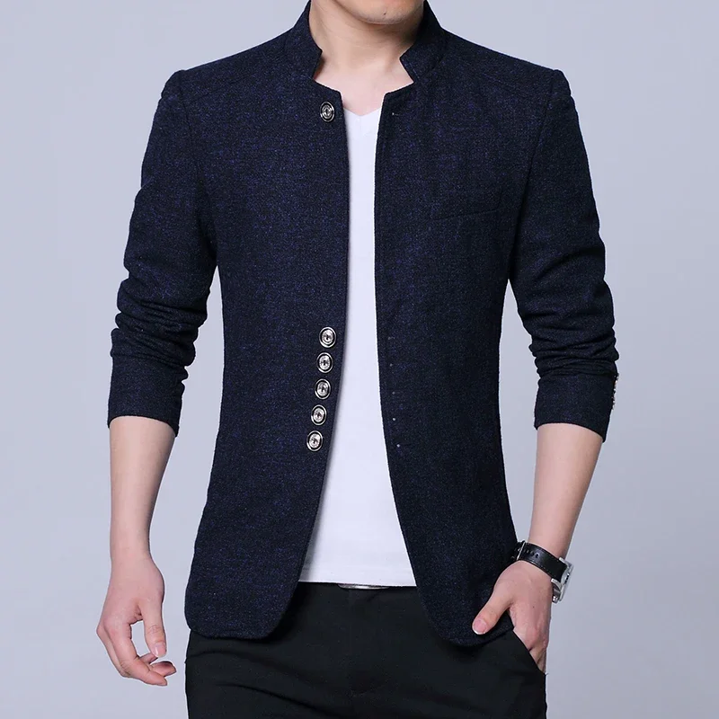 Men Suits Jackets Fashion Men Casual Boutique Stand Collar Business Suit Coat Male Metal Buttons Slim Fit Blazers