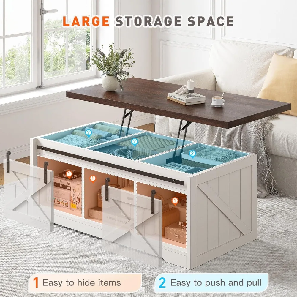 Farmhouse Lift Top Coffee Table with Sliding Barn Door Large Coffee Tables for Living Room, Wood Center Table