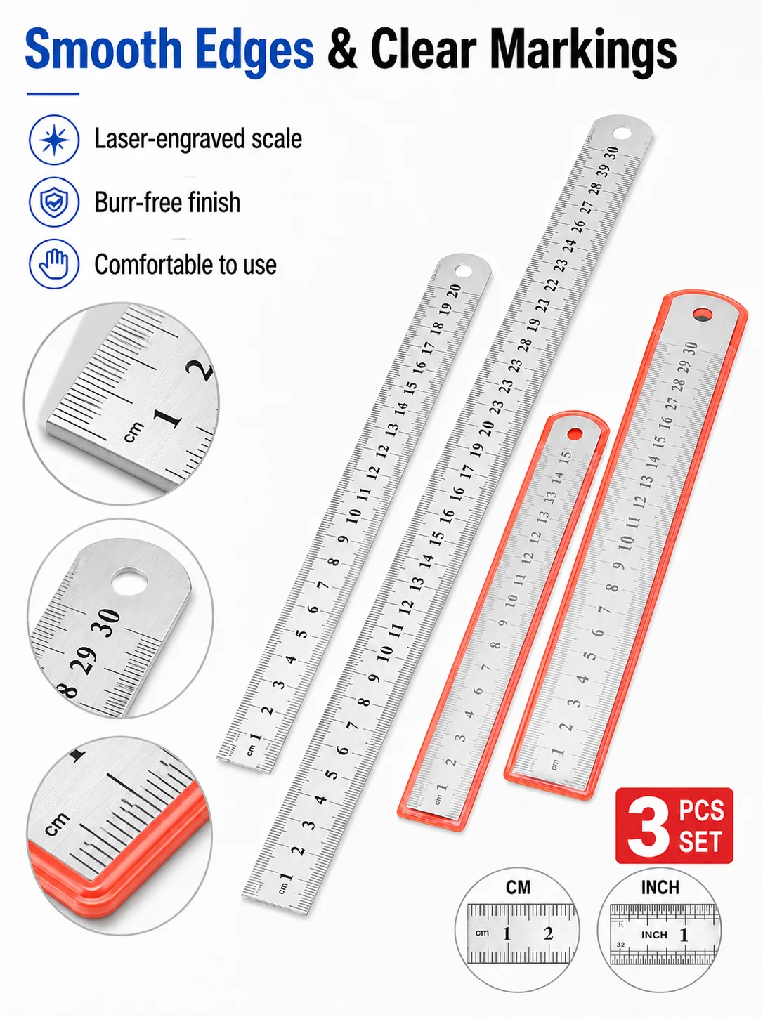 Premium Stainless Steel Ruler Set with Protective Sleeves - 3 Piece Edition (15cm, 20cm, 30cm)