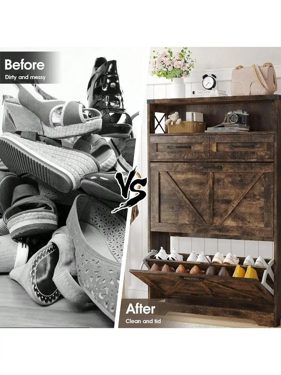 Maupvit Shoe Storage Cabinet with 2 Flip Drawers and 2 Drawers Slim Farmhouse Shoe Cabinet for Entryway Freestanding Sho 3