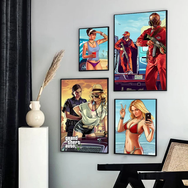 Jogo cartaz grand theft auto v gta 5 lona impressão da arte pintura parede  fotos para o quarto decoração casa arte da parede - AliExpress