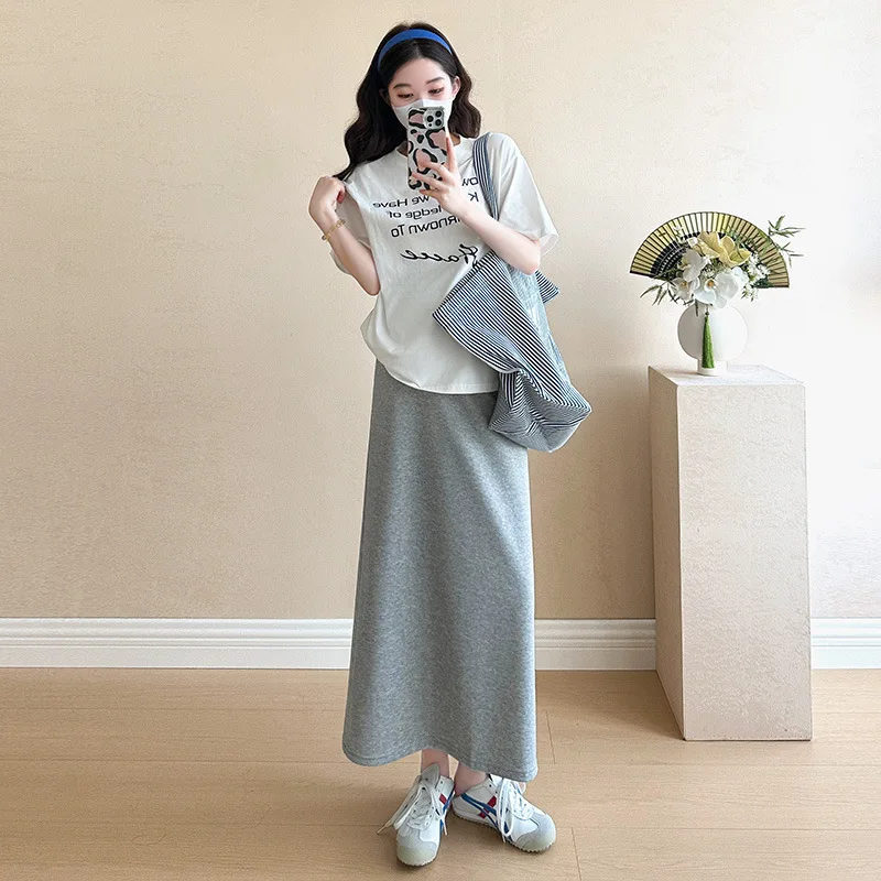 임부복 2026 여름 한국 스타일 심플 레터 프린트 반팔 티셔츠 체크 셔츠 코트 미디 스커트 3종 세트