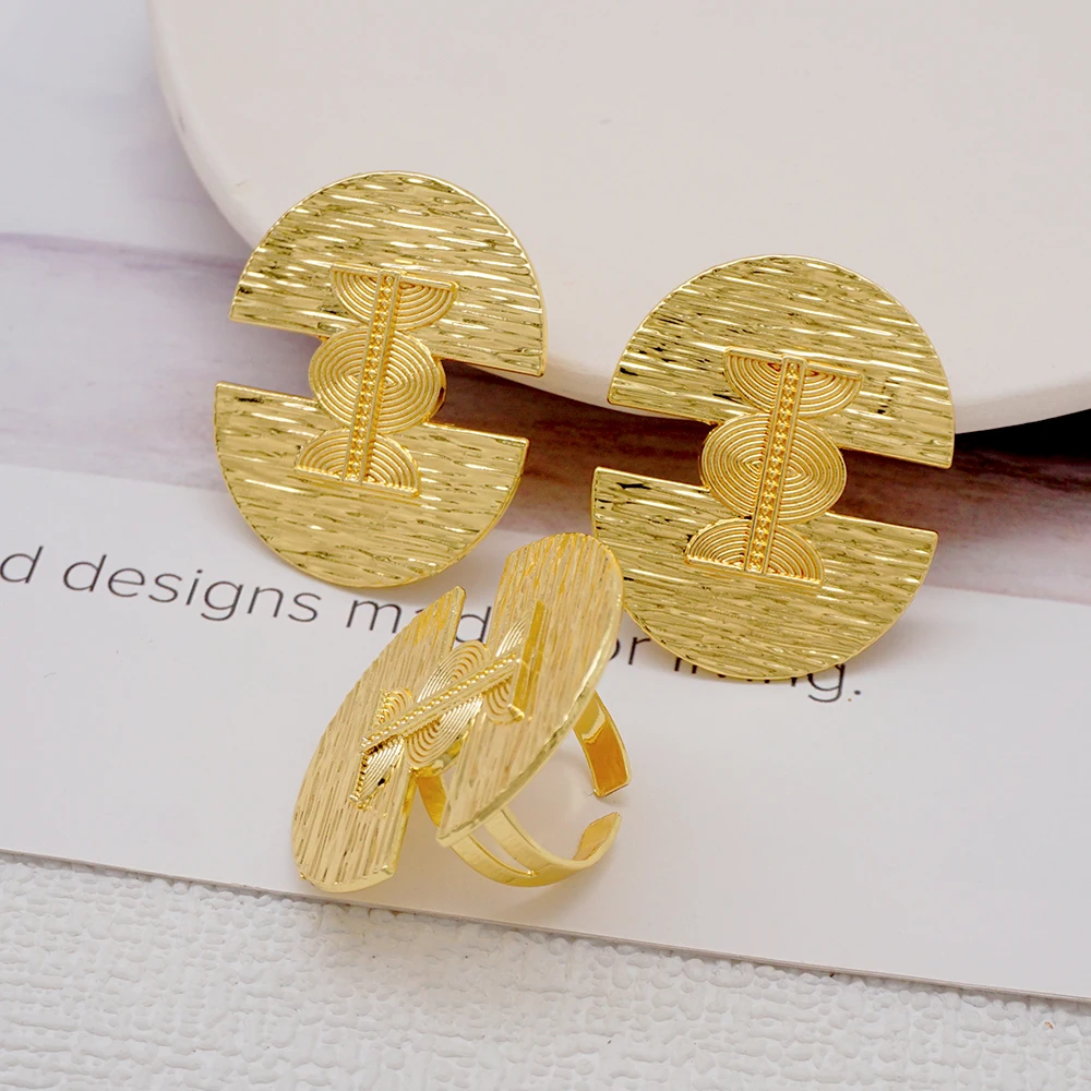 Fashion Copper Drop Earrings For Women Dubai Gold Color Irregular Clip Earings & Finger Ring African Ethiopian Jewelry Set Gift