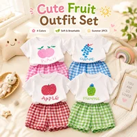 Children's Sets 2-piece Short-sleeved Round Neck Top+plaid Shorts Fruit Lemon Grape Cartoon Design Outer Wear Casual Summer 1