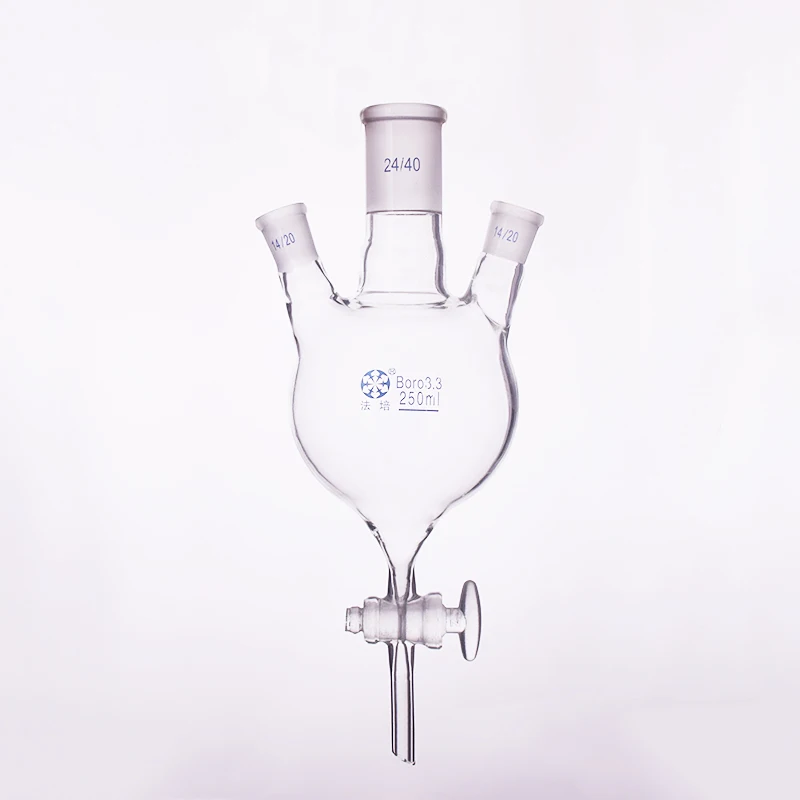 

Three-necked round bottom flask oblique shape 50mL-250mL-1000mL,Mid 24/40,Side 14/20,3-necks standard ground mouth,Glass switch