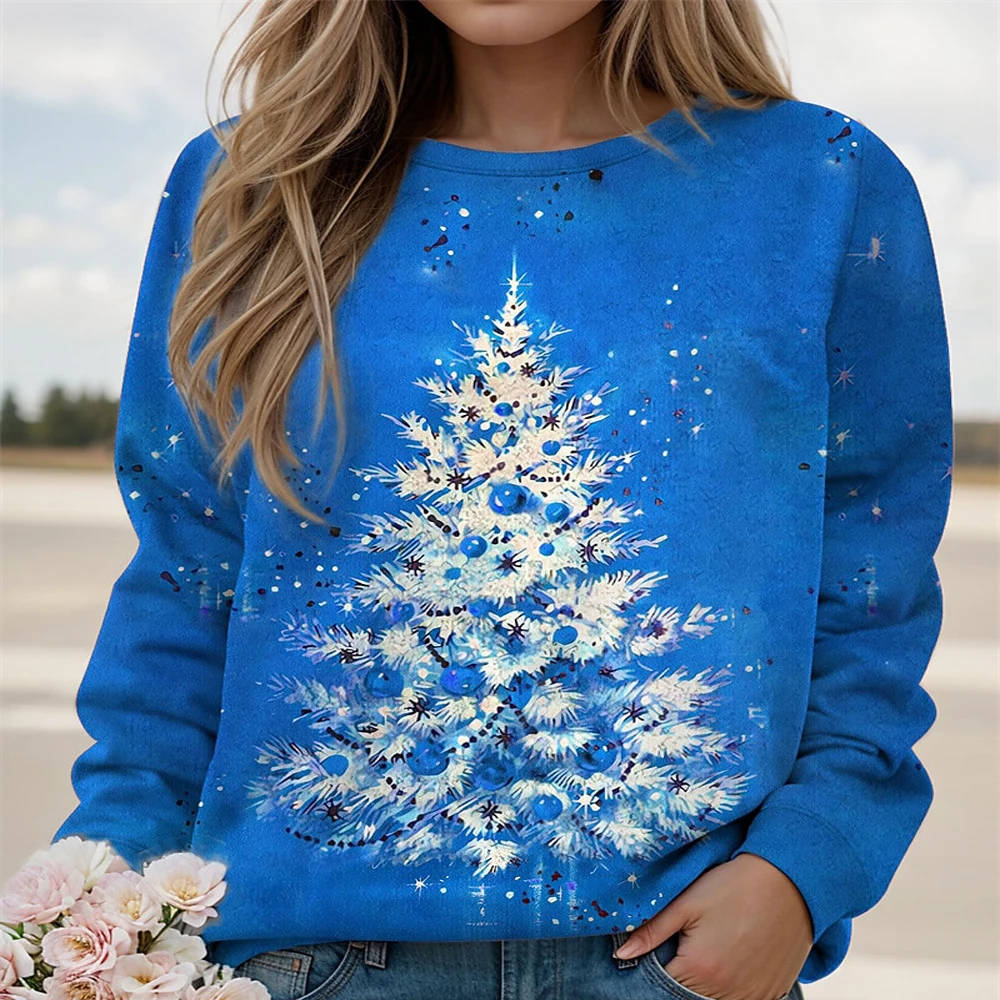 

Ladies Boutique Bell Christmas Tree Print Hoodie Ladies Fashion Crew Neck Top Ladies Winter Warm Top Ladies Street Casual Wear