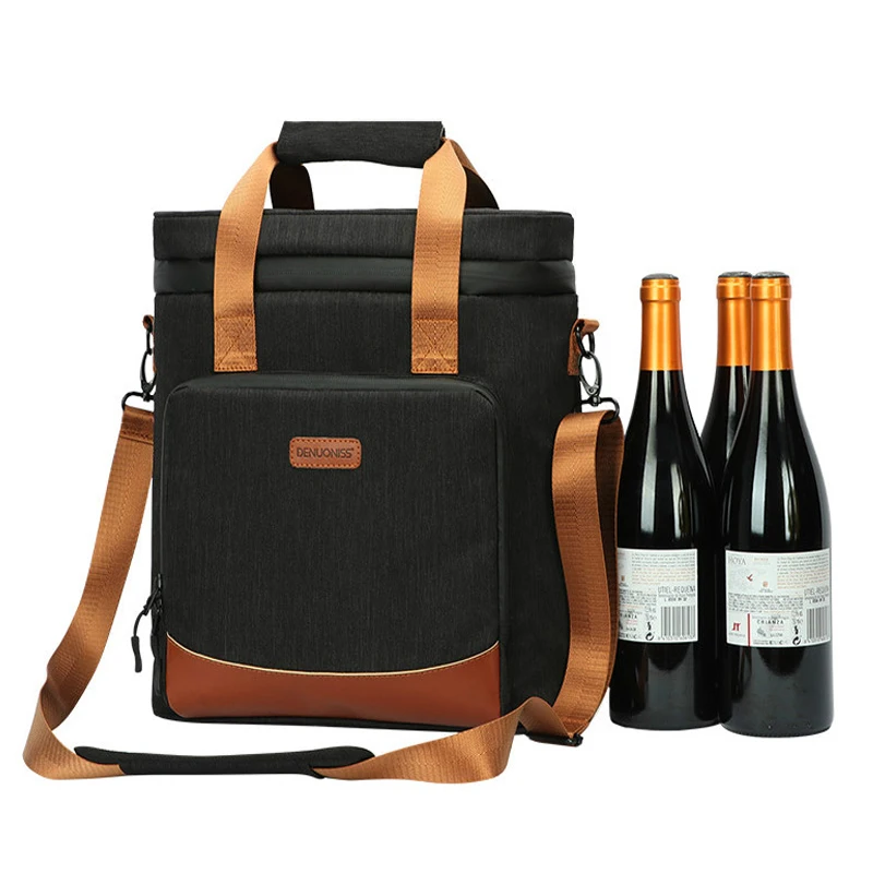 Men Wine Cooling Bag Leakproof Outdoor Lunch Picnic Cooler Bag Vintage Leather Refrigerator Portable Thermal Food Handbag