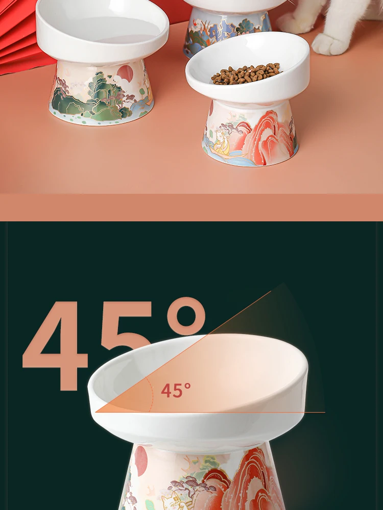 Chinese Style Cat Bowl Ceramic Pet Food Water Feeders Elevated Cats Drinking Eating - PeticaDeals