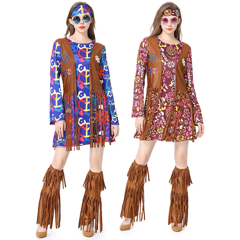 

Adult Retro 60s 70s Hippie Love Peace Costume Boho Flared Hippie Dress Set Cosplay Women Halloween Purim Party Costumes