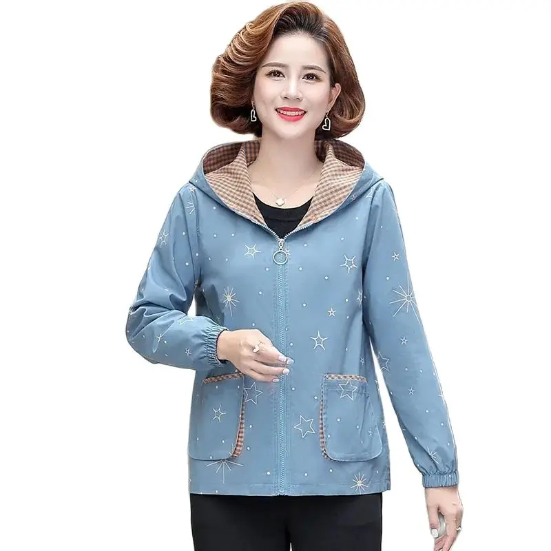 

SpringAnd Autumn Hooded Windbreaker Female Middleaged And Elderly Autumn Clothes Printed Loose Coat Fashion Pocket Upper Garment