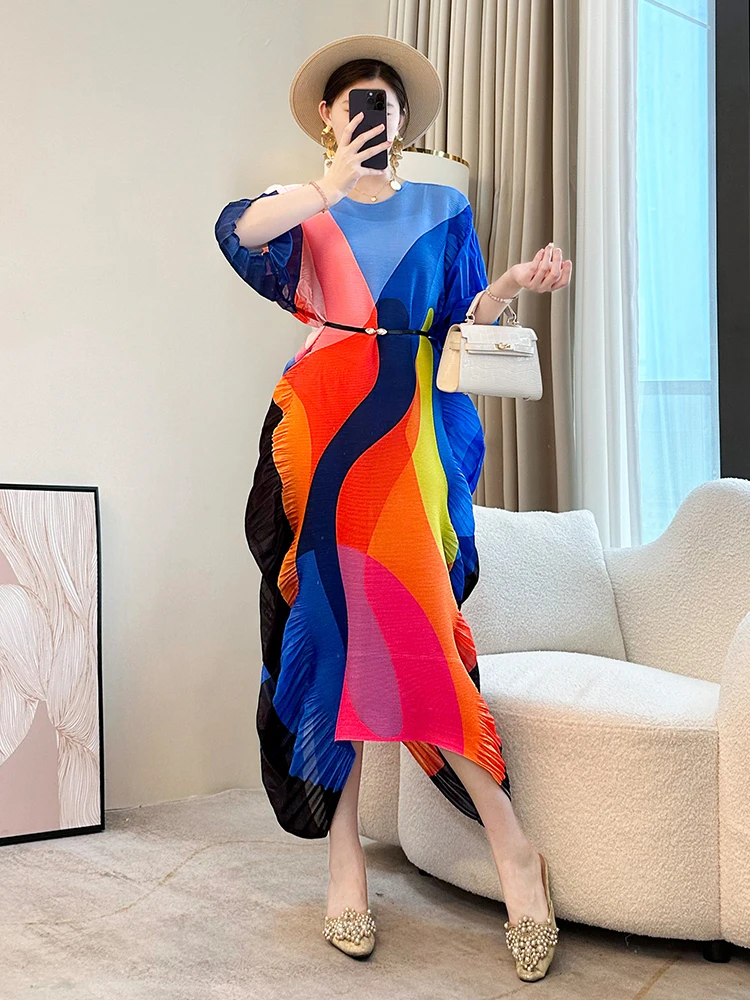 LANMREM Irregular Colorblock Spliced Design Women's Pleated Dress 2025 New Loose Causal Round Collar Half Sleeve Dresses 2DB2983 - Image 3