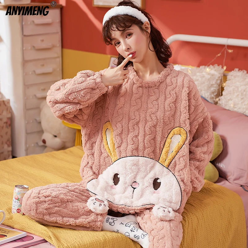 

Lovely Girls Pajamas Winter Kawaii Rabbit Embroidary Velvet Pajama Set for Women Korean Minimalist Style Sleepwear for Teen