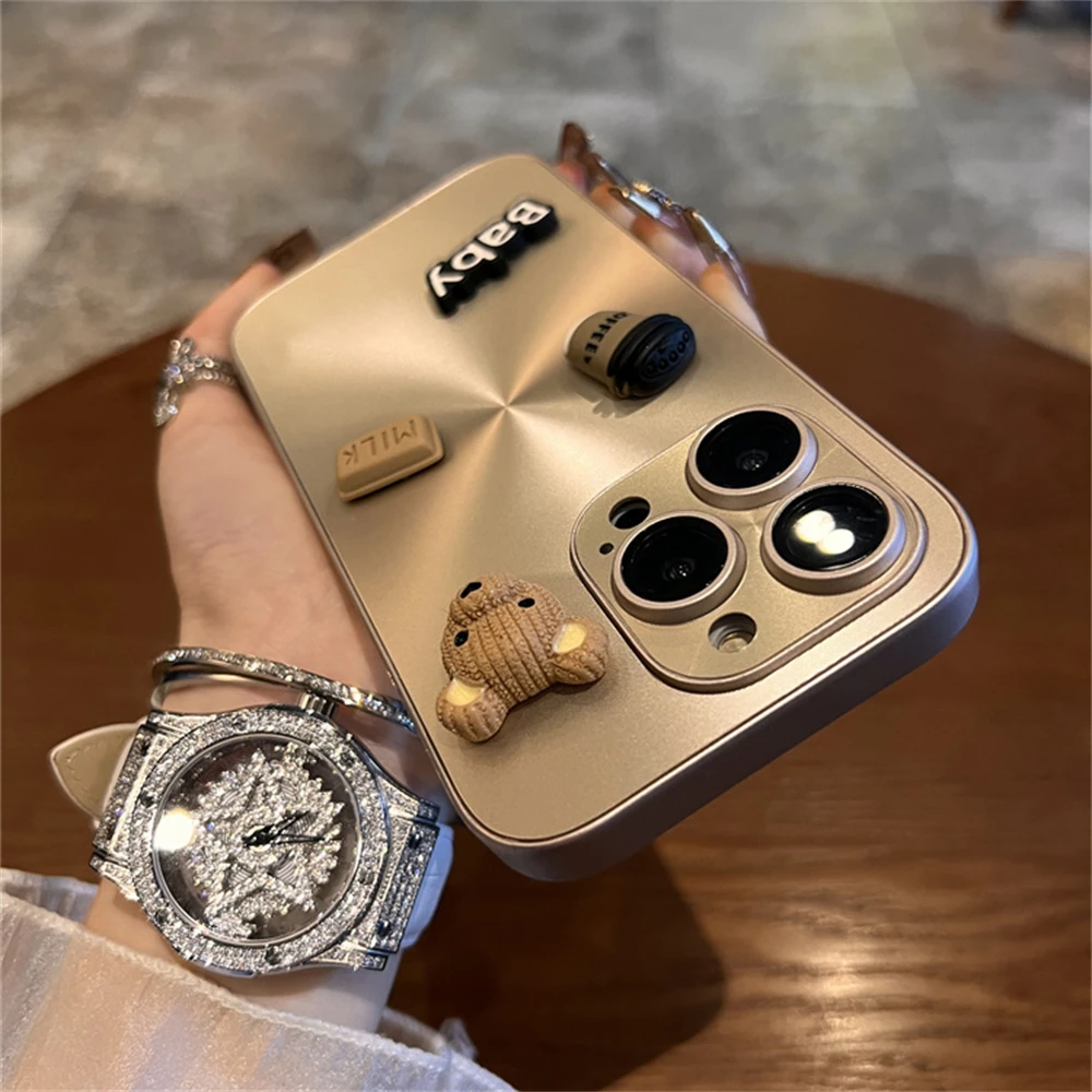 Luxuriöse süße 3D Bär Kaffee Milch Laser Aurora CD Muster Matte Hülle für iPhone 15 14 13 12 Pro Max 11 Kawaii Soft Armor Cover_voghion.com