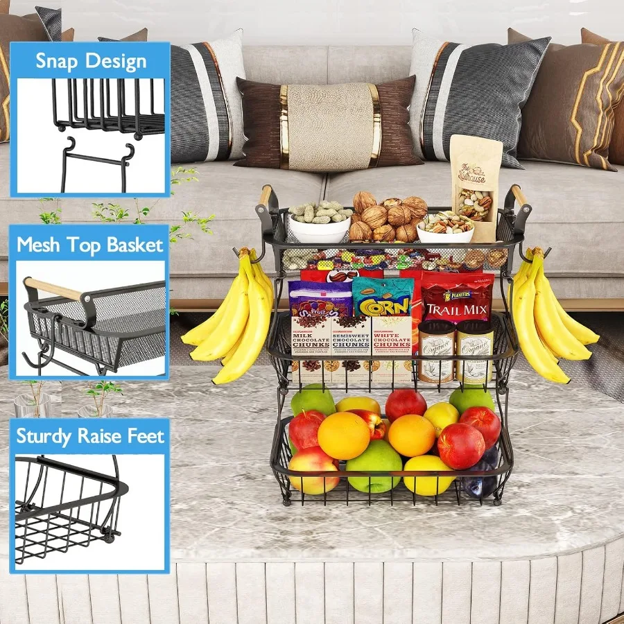 ANTOPY 3 Tier Fruit Basket with 2 Banana Hangers Countertop Fruit Vegetable Basket Bowl for Kitchen Counter Metal Mesh Basket F
