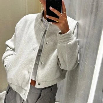 HXAO Demi-Season المرأة Bomber سترة فو الصوف معاطف اقتصاص سترة طويلة الأكمام الطيار سترة امرأة ملابس خارجية زر سترة 4