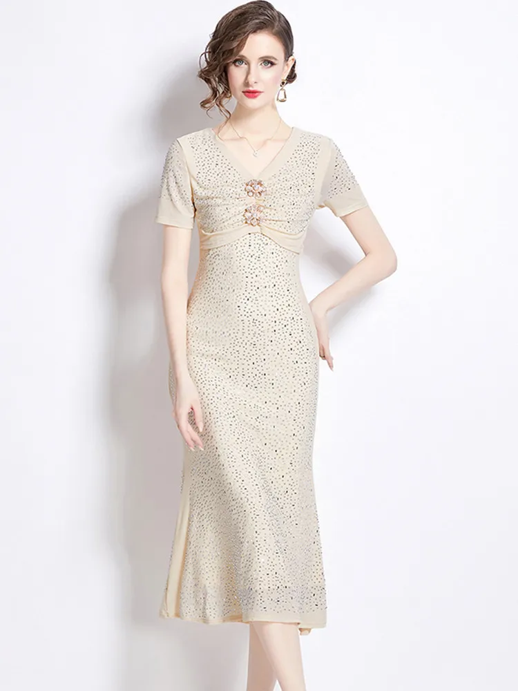 

Женское длинное платье SMTHMA, блестящее платье-Русалка с коротким рукавом и V-образным вырезом, лето 2019