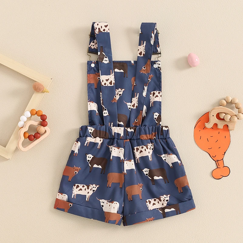 Children s Boys Denim Overalls with Dinosaur Print Adjustable Straps Buttons Pockets Shortall Summer Romper Jumpsuit