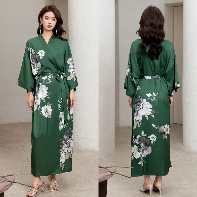 Print Flower Robe Long Bigsize Kimono Bathrobe Gown Women Rayon Sleepwear Loungewear Summer Spring Sleepdress Satin Nightwear