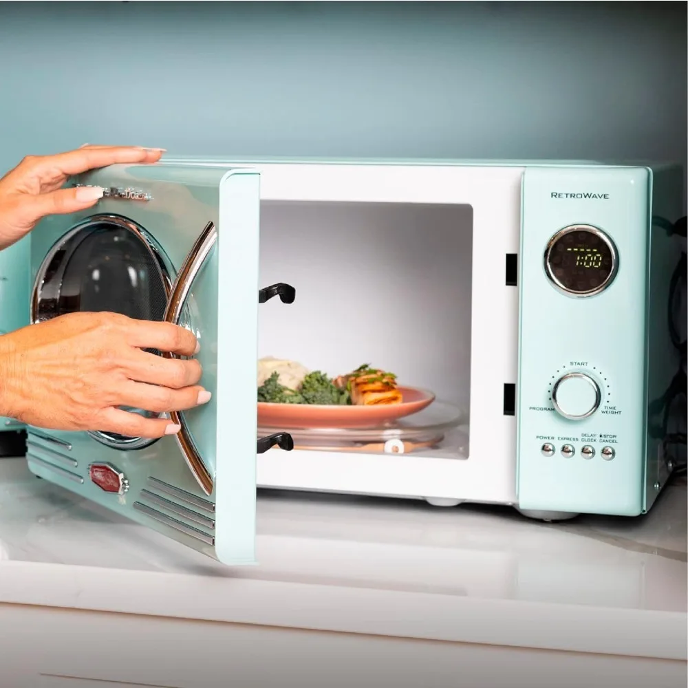Retro Countertop Microwave Oven 800-Watt 0.9 cu ft 12 Pre-Programmed Cooking Settings Digital Clock Kitchen Appliances