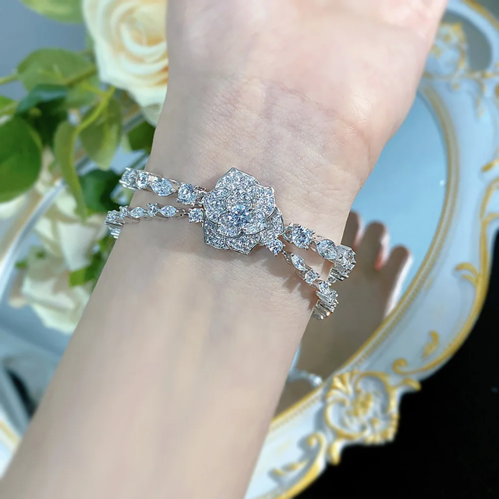 カメリア付　調整可能ストラップ　BLACKシルバー ZAKOL 2023 New Shiny Marquise Leaf Zircon Bridal Earrings