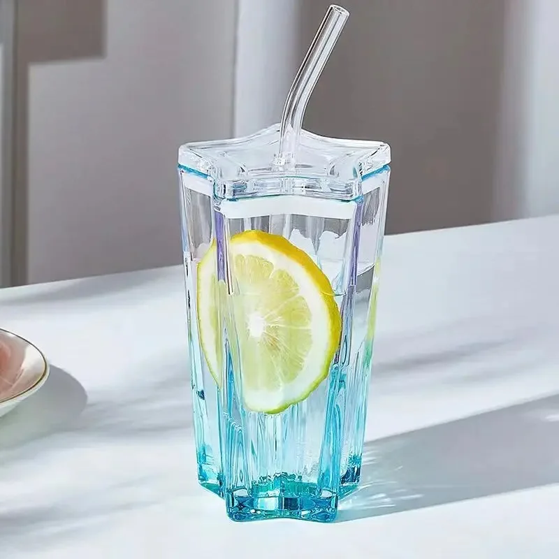 Straw Tumbler Glass 300ml Star Drinking Cups with Straw Pentagonal Coffee Milk Juice Glass Plastic Lid Leakproof
