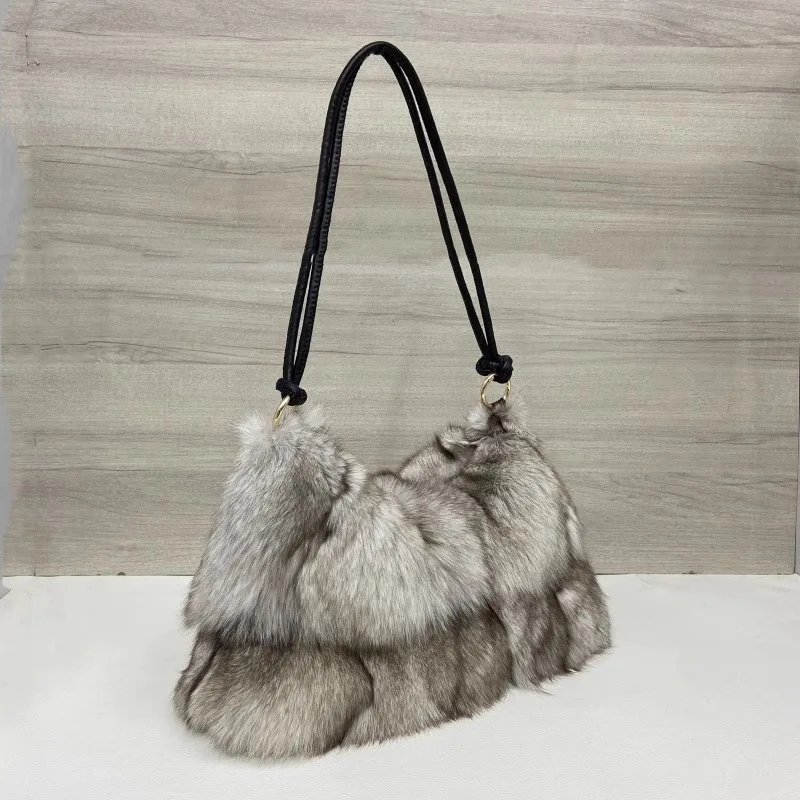 Women Winter Real Fox Fur Handbag Luxury Genuine Fur Party Bag Tote Designer High Quality Real Silver Fox Fur Handbags Female