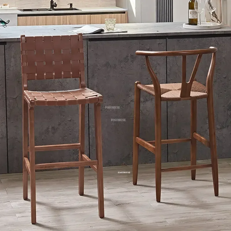 Nordic Simple Retro Bar Furniture Solid Wood Rattan Bar Chairs Creative Front Desk High Stools Nordic Home Backrest Chair R