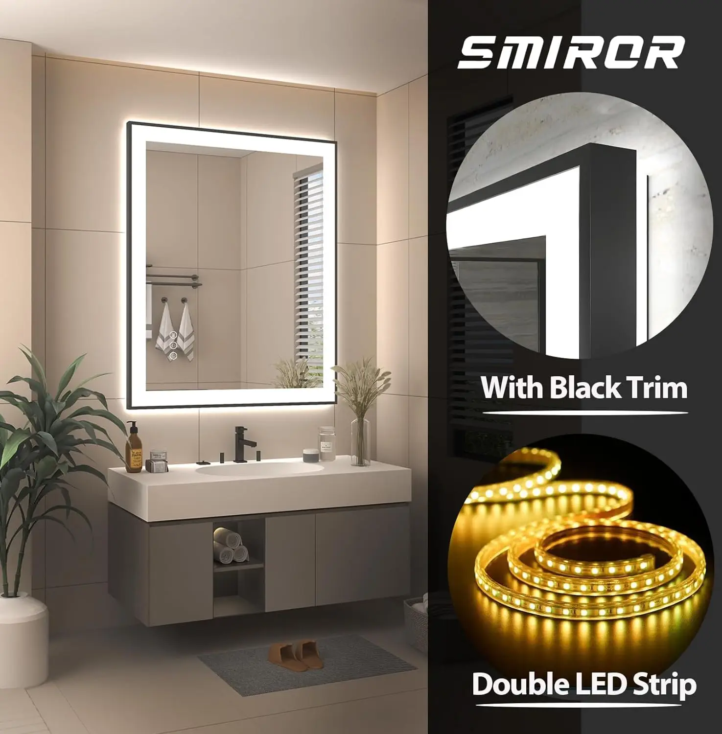 Lighted Mirrors with Black Frame for Bathroom Wall Smart Led Vanity Mirrors Front and Backlit Dimmable Anti-Fog Memory