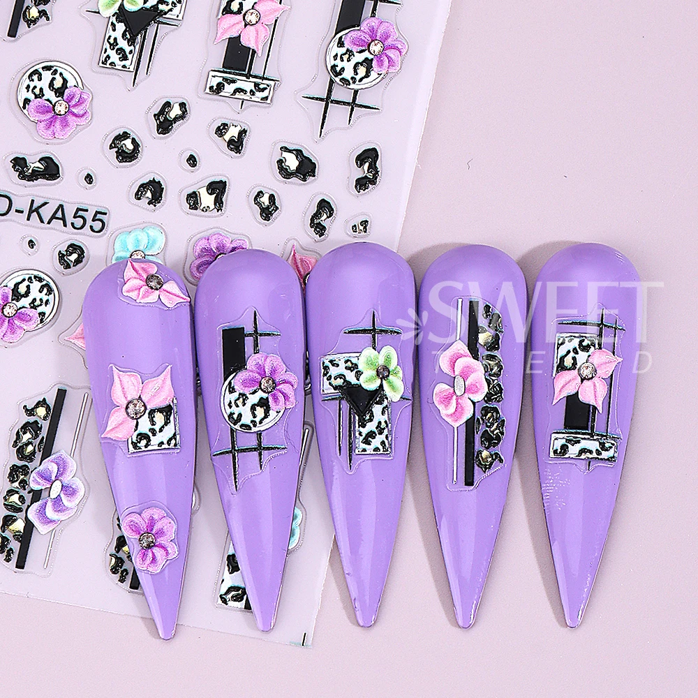 5D Leopard Print Flower Nail Art Stickers Self-Adhesive Butterfly Geometry Floral Nail Decals Manicure Decorations Nail Supplies