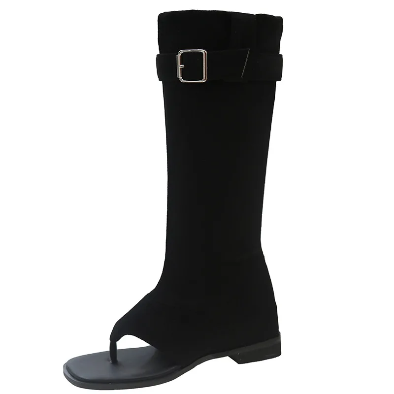 Women Buckle Strap Square Toe Flip Flop Thigh High Women Western Cowboy Boots Sandals