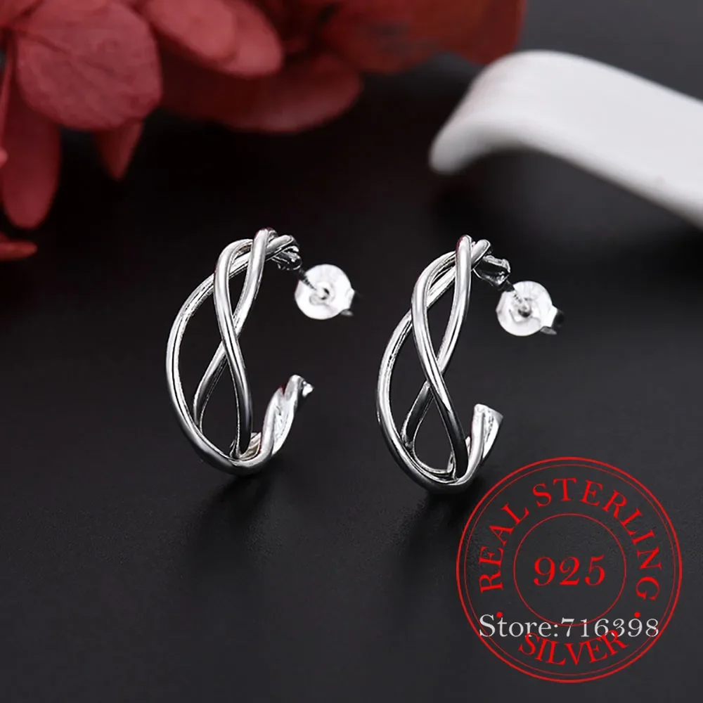 

925 Sterling Silver Geometric Glossy Twisted Line Stud Earrings for Women Girls Party Wedding Pendiente Piercing Jewelry