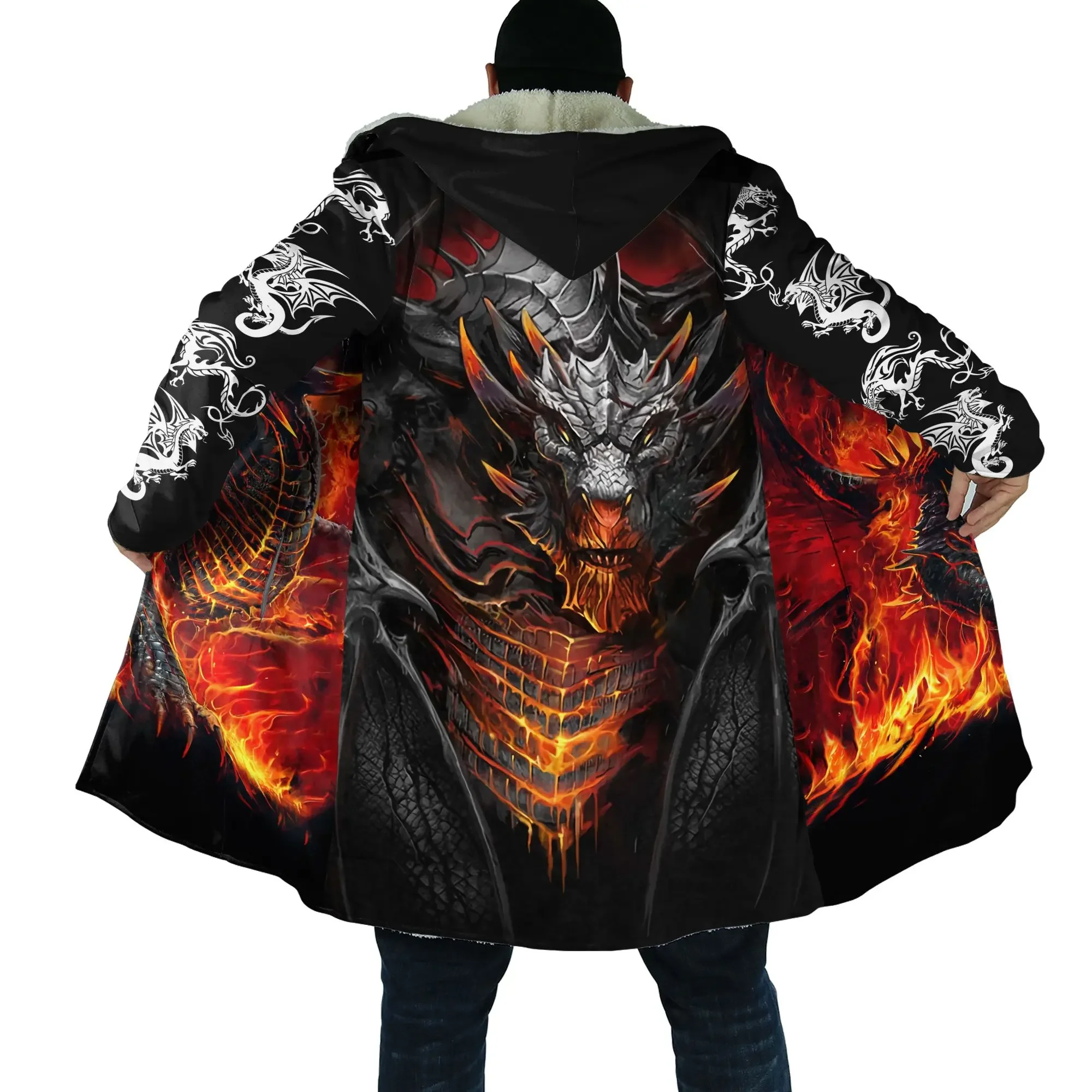 

Winter Fashion Men's Hooded Cloak Dragon Armor Tattoo 3D Printed Wool Hooded Cloak Unisex Casual Thickened Warm Cloak Coat
